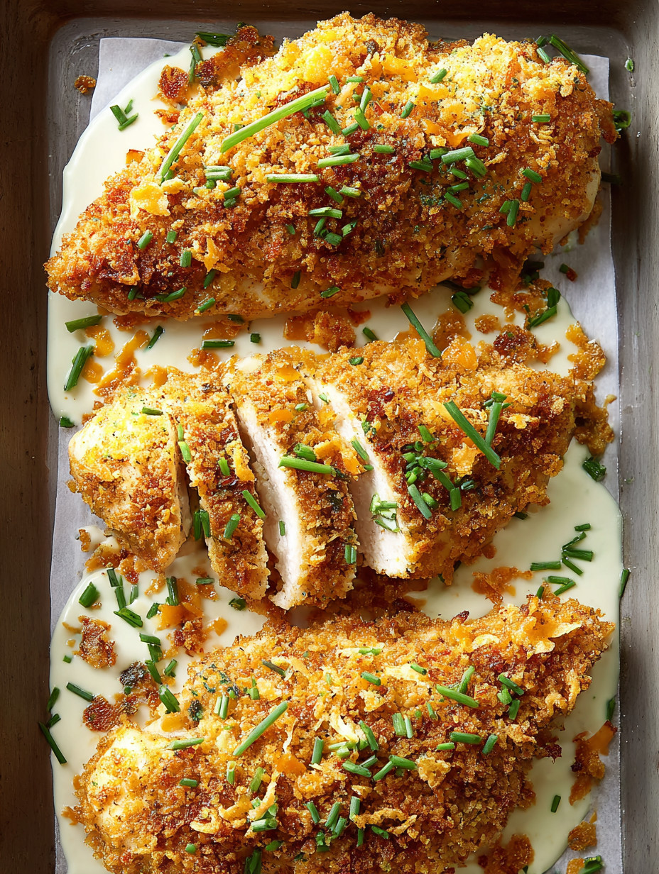 A plate of chicken with sauce and herbs.