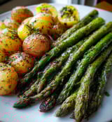 A plate of roasted asparagus and potatoes.