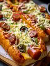 A cheese dog pizza sandwich is displayed on a table.