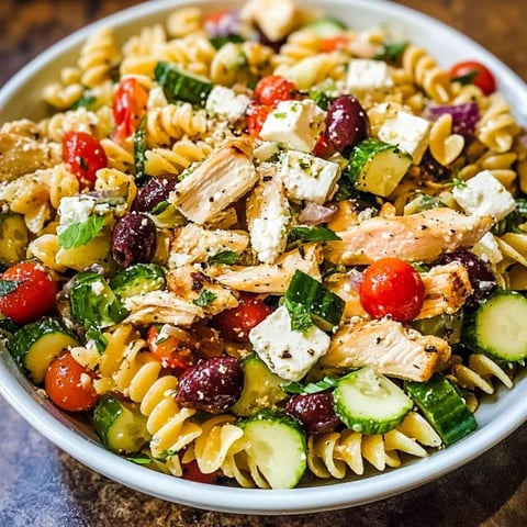A bowl of Greek chicken pasta salad.