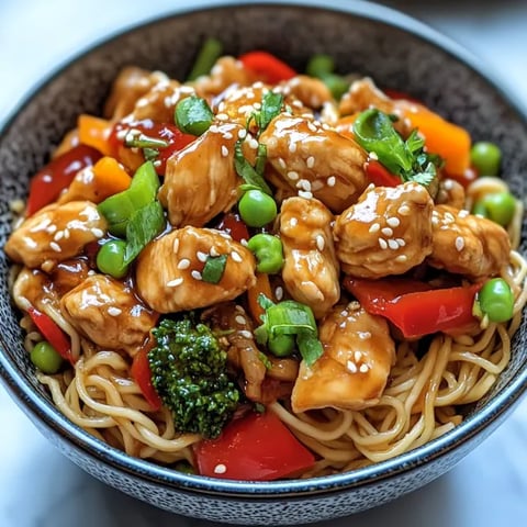 A bowl of chicken stir fry with peppers and broccoli.