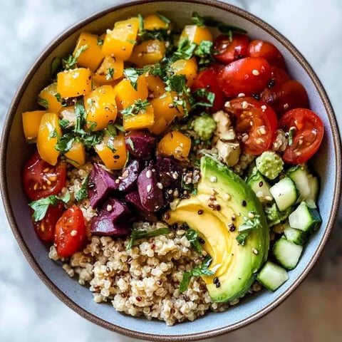 A bowl of food with a variety of ingredients including tomatoes, cucumbers, avocado, and quinoa.