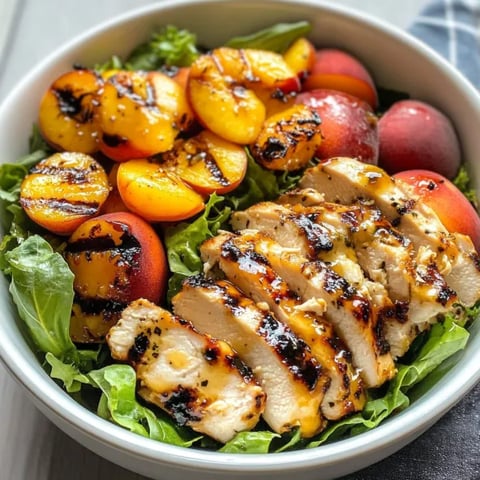 A bowl of grilled peach and chicken salad.