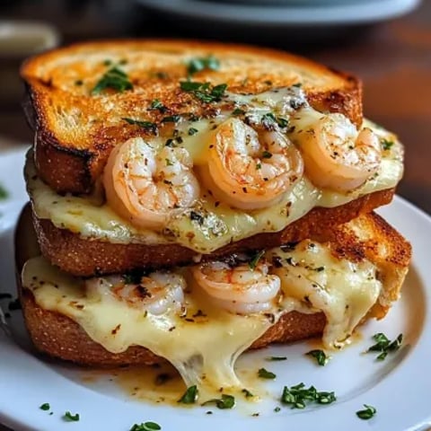 A stack of bread with shrimp on top.