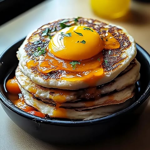 A stack of pancakes with a fried egg on top.