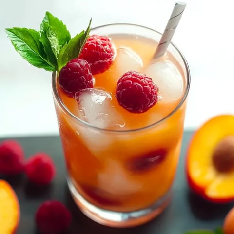 A glass of orange juice with raspberries on top.