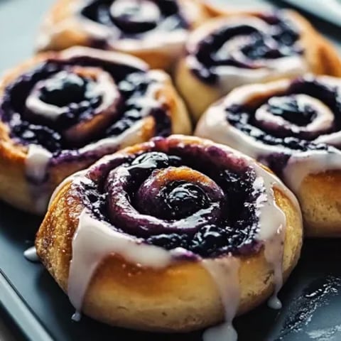 Three blueberry filled pastries on a plate.