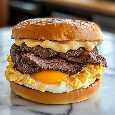 A close up of a hamburger with egg and cheese.