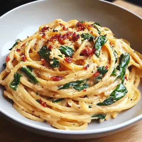 A bowl of pasta with red peppers and spinach.