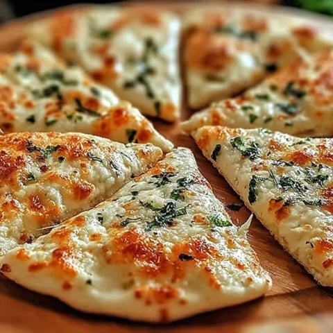 A pizza with cheese and spinach on a wooden board.