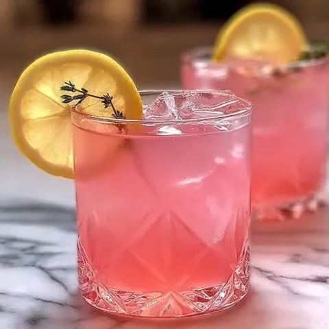 Two glasses of pink drink with lemon slices.