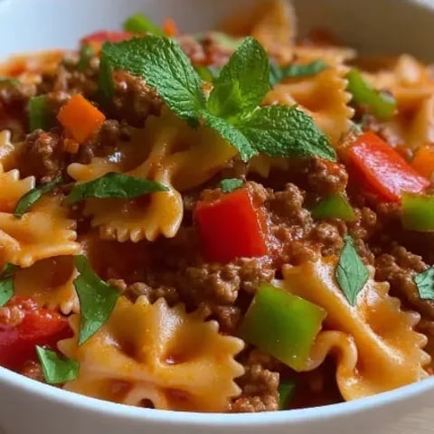 A bowl of pasta with meat and vegetables.