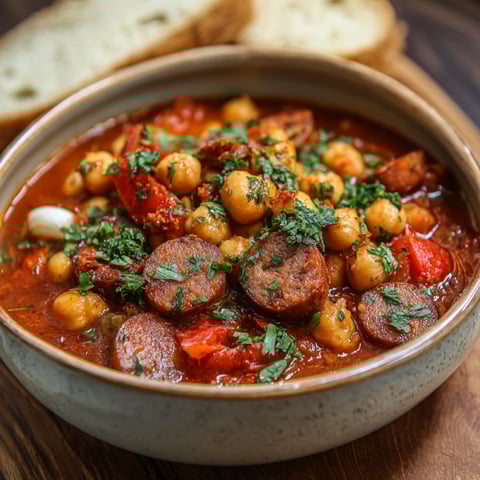 A bowl of chickpea chorizo stew.