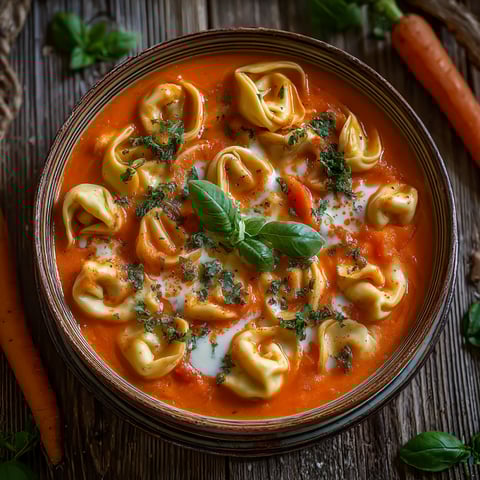 A bowl of soup with tortellini and vegetables.