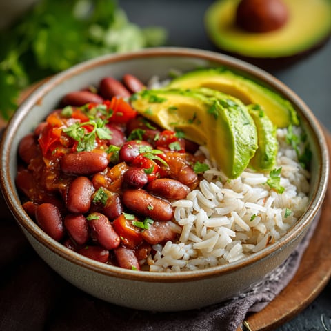 A bowl of chili beans with avocado and lime.