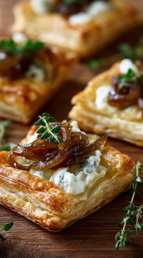 A close up of a pastry with a caramelized onion and goat cheese topping.