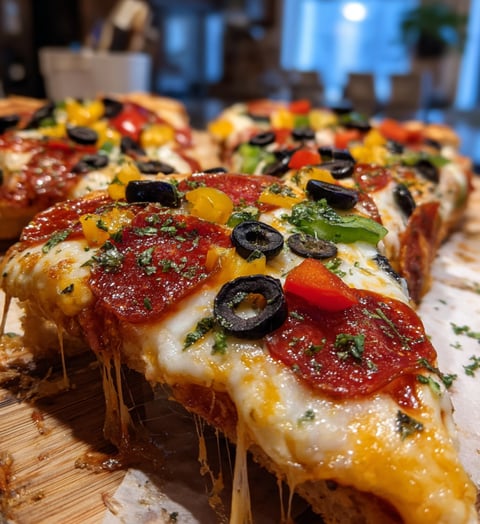 A pizza with pepperoni, olives, and cheese.