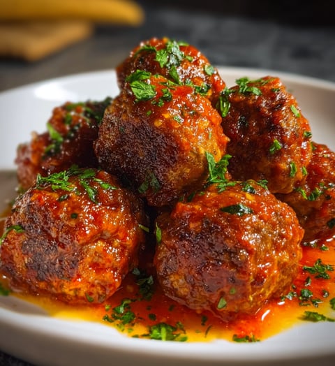 A plate of meatballs with sauce on it.